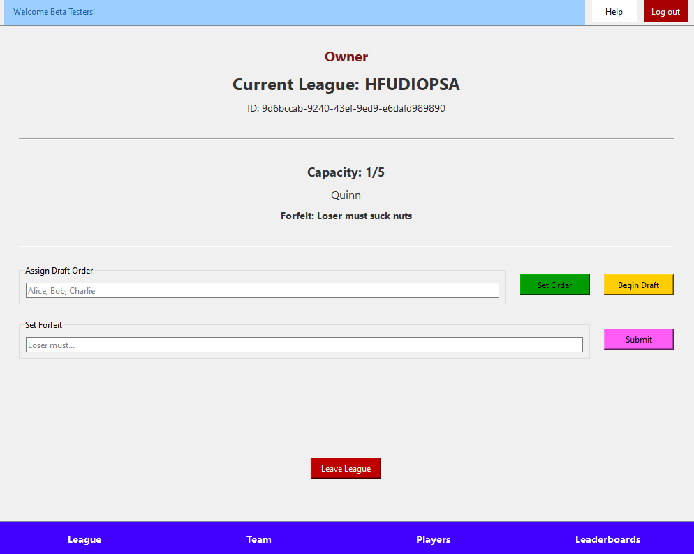 The first draft of the league page.